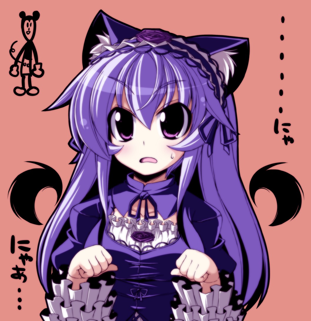 1girl animal_ears blush cat_ears commentary_request disney dress frills gothic_lolita hairband image kemonomimi_mode lolita_fashion lolita_hairband long_hair long_sleeves mickey_mouse paw_pose purple_eyes purple_hair rikumaru rozen_maiden silver_hair simple_background solo suigintou sweatdrop tail wings