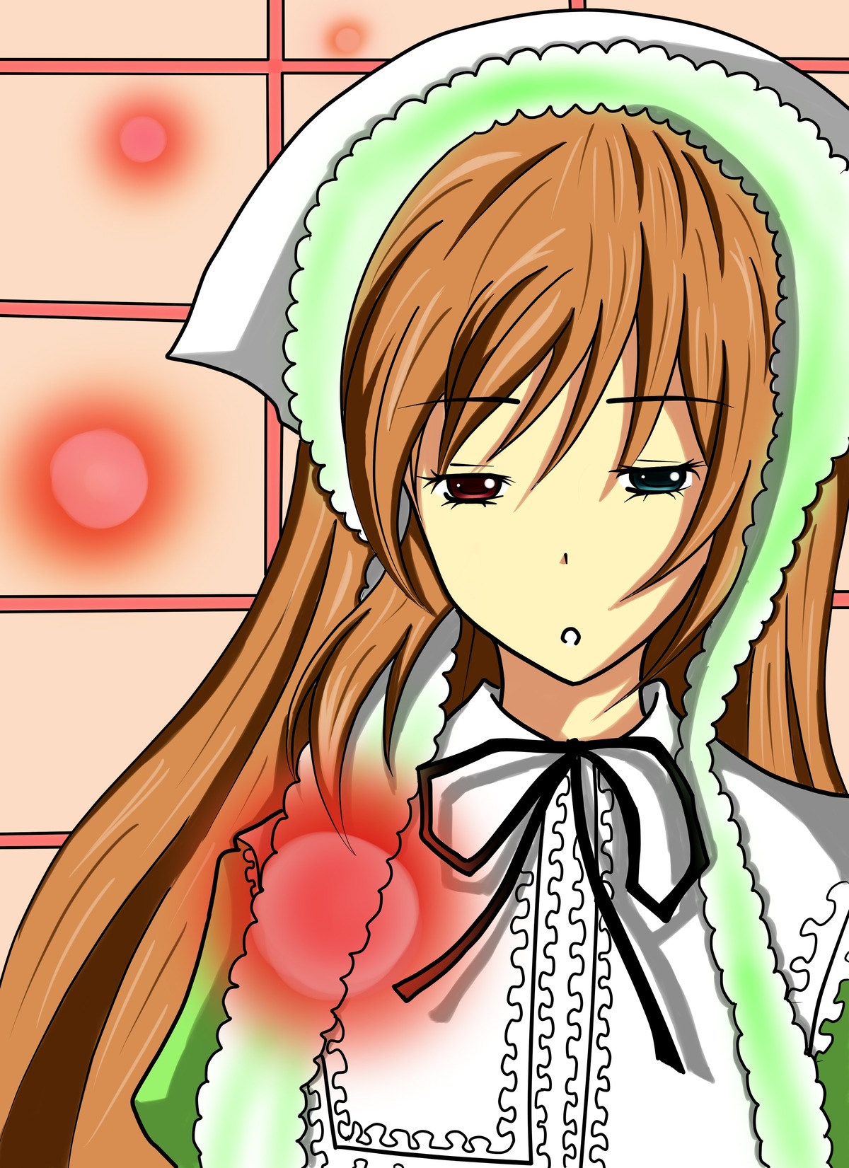 1girl black_ribbon brown_hair frills image long_hair long_sleeves neck_ribbon red_eyes ribbon solo suiseiseki upper_body