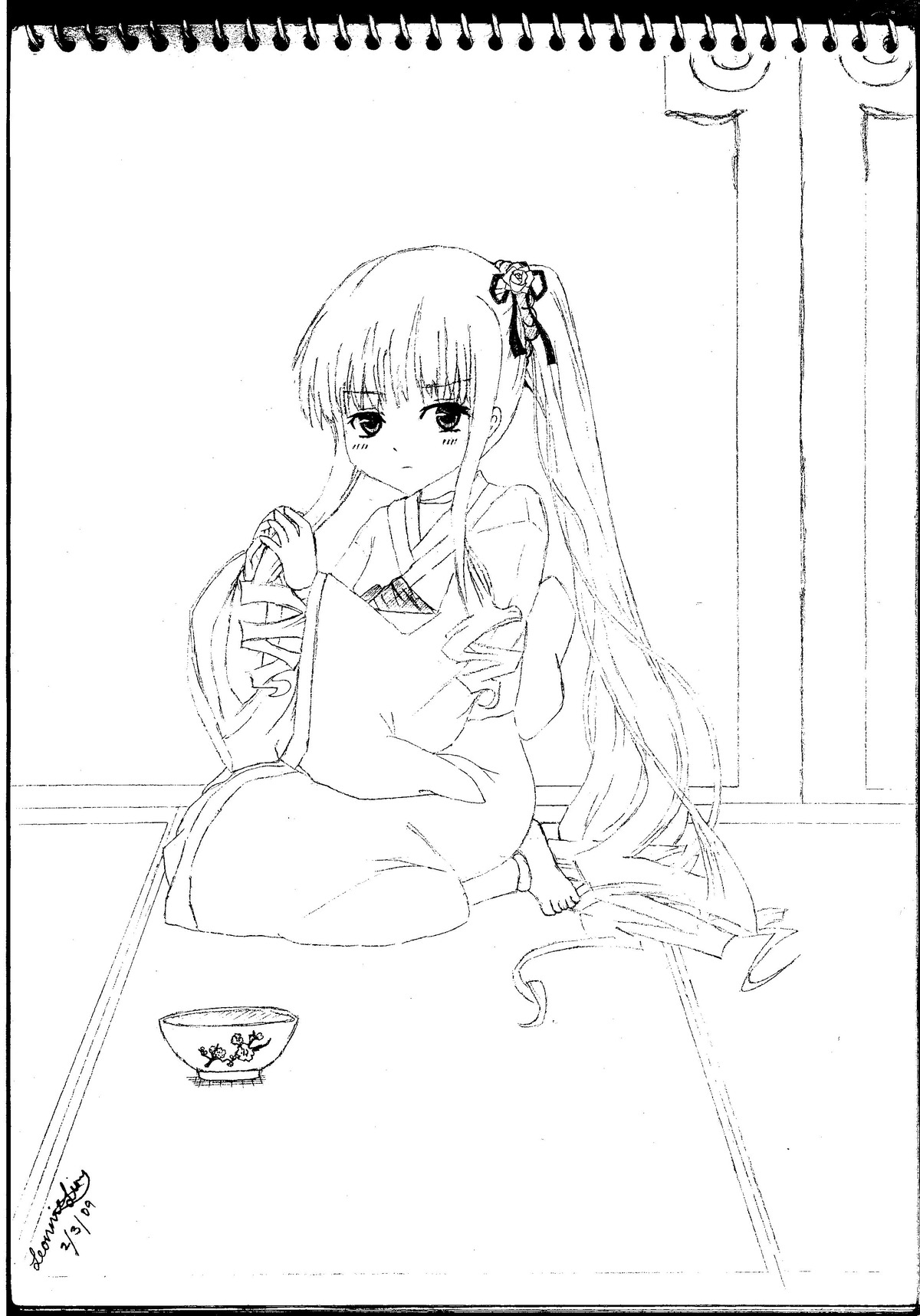 1girl artist_name dated greyscale hair_ribbon image japanese_clothes long_hair monochrome ponytail shinku sidelocks signature sitting solo very_long_hair