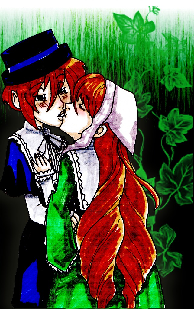 2girls blush closed_eyes frills green_eyes hat image kiss long_sleeves multiple_girls pair red_hair siblings sisters souseiseki suiseiseki twins yuri