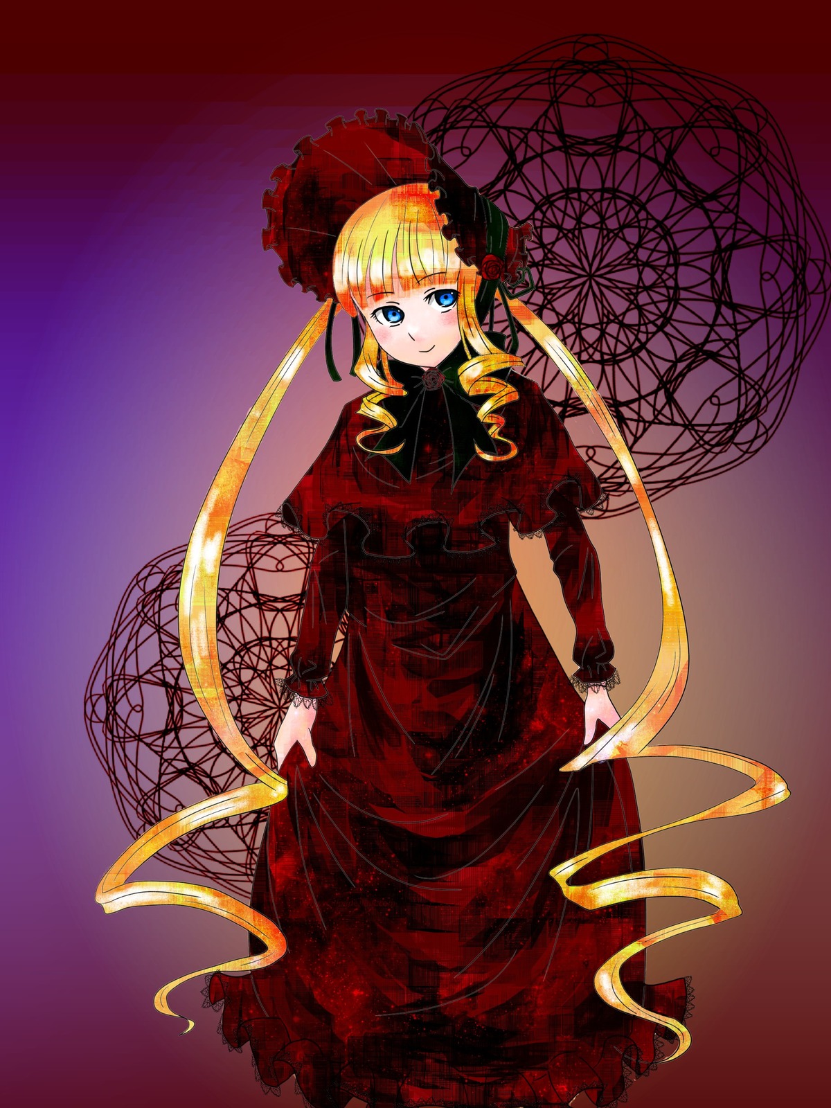 1girl 56636643_p0 blonde_hair blue_eyes bow dress drill_hair flower image long_hair looking_at_viewer red_dress shinku smile solo umbrella