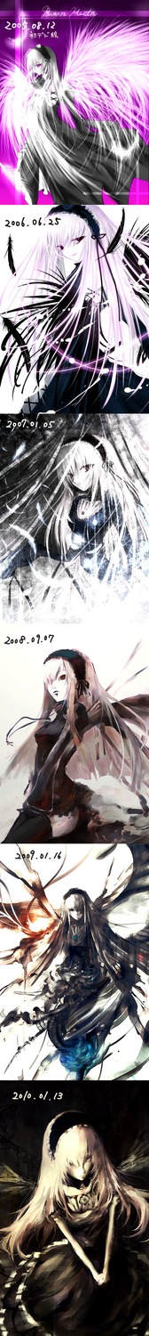 bikini black_dress black_hair blue_eyes boots breasts dress gloves glowing image long_hair multiple_girls pale_skin solo suigintou very_long_hair weapon white_hair