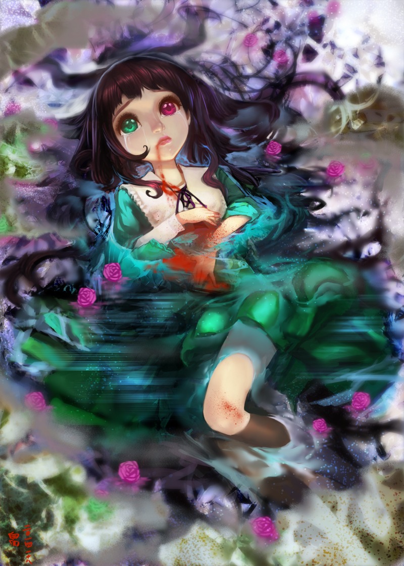 1girl dress flower green_dress heterochromia image long_hair lying on_back partially_submerged pink_flower pink_rose purple_rose red_eyes rose solo suiseiseki tears water wet