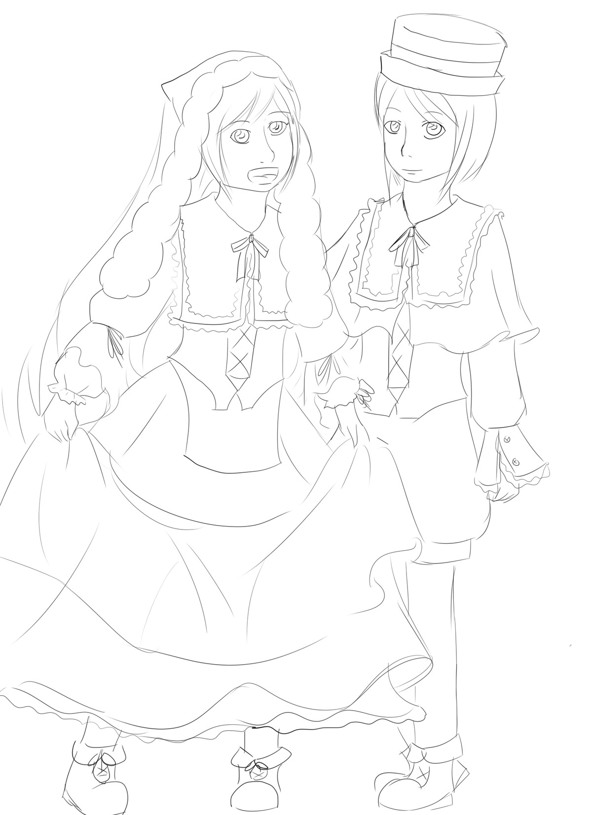 2girls braid capelet dress hat holding_hands hood image long_hair long_sleeves monochrome multiple_girls pair ribbon smile souseiseki suiseiseki twin_braids