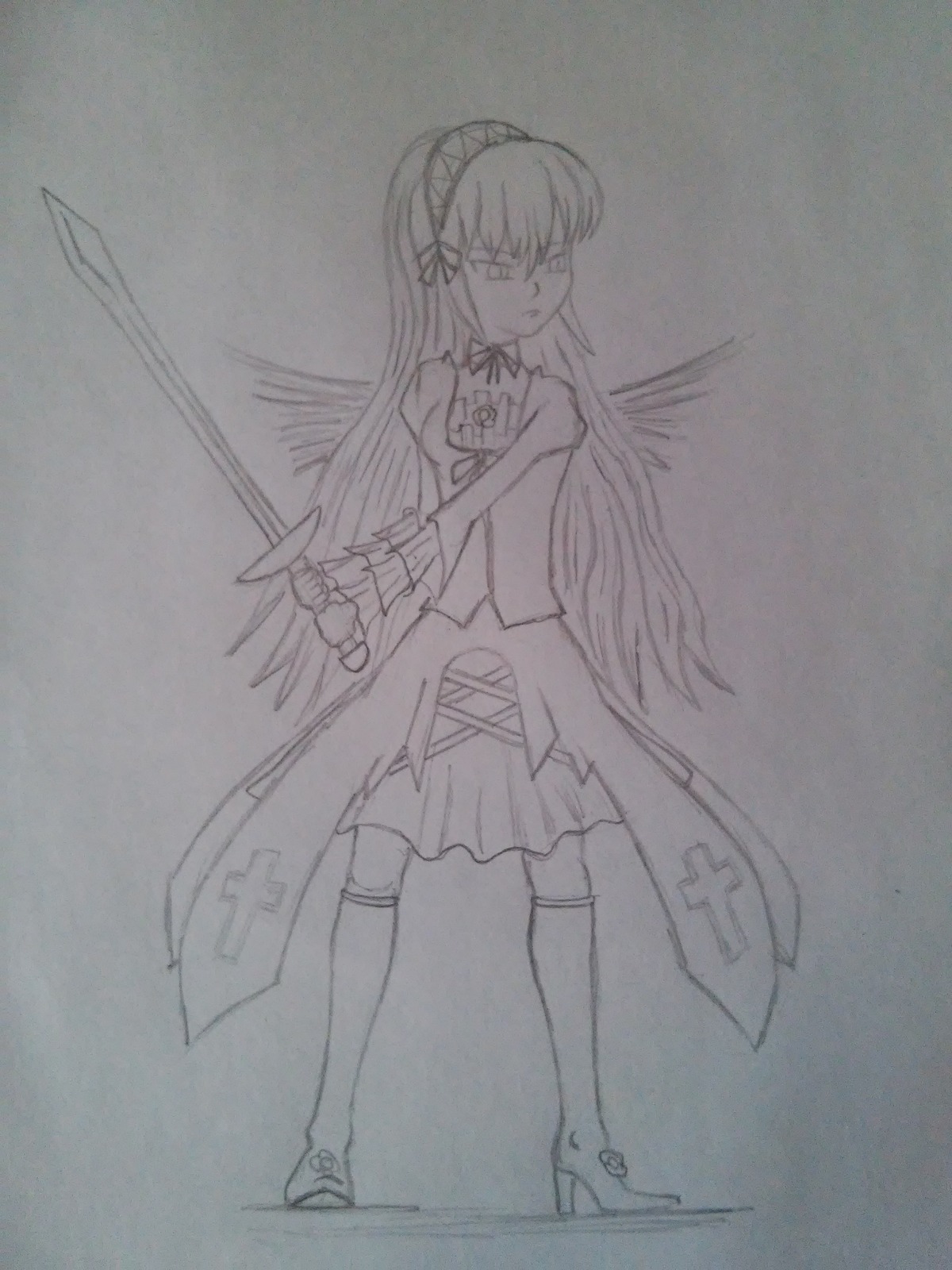 1girl akemi_homura akuma_homura bare_shoulders gloves graphite_(medium) greyscale image long_hair magical_girl miki_sayaka monochrome photo ribbon simple_background solo solo_earring standing suigintou thighhighs traditional_media weapon zettai_ryouiki