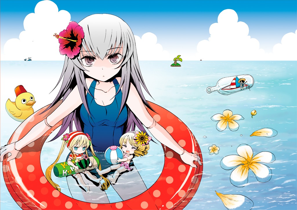 3girls auto_tagged bad_id bad_pixiv_id barefoot bikini blonde_hair bottle chibi doll_joints flower hair_flower hair_ornament hibiscus hina_ichigo image innertube joints long_hair minigirl multiple multiple_girls ocean one-piece_swimsuit petals purple_eyes rozen_maiden rubber_duck sakurada_jun satou_memeko school_swimsuit shinku ship_in_a_bottle silver_hair suigintou swim_cap swimsuit tagme twintails water