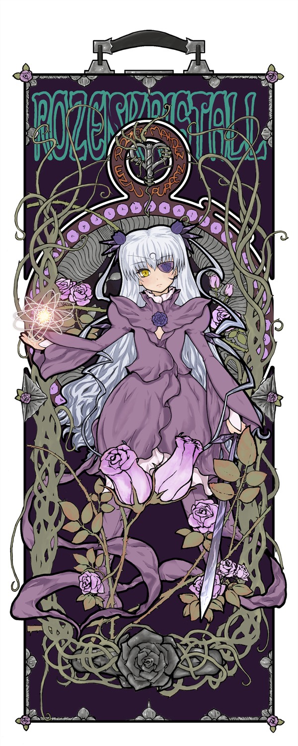 1girl art_nouveau barasuishou black_flower black_rose commentary_request dress eyepatch flower fujinozu highres image lolita_fashion long_hair plant purple_dress purple_flower purple_rose rosa_mystica rose rozen_maiden sitting solo sword thorns vines weapon white_hair yellow_eyes