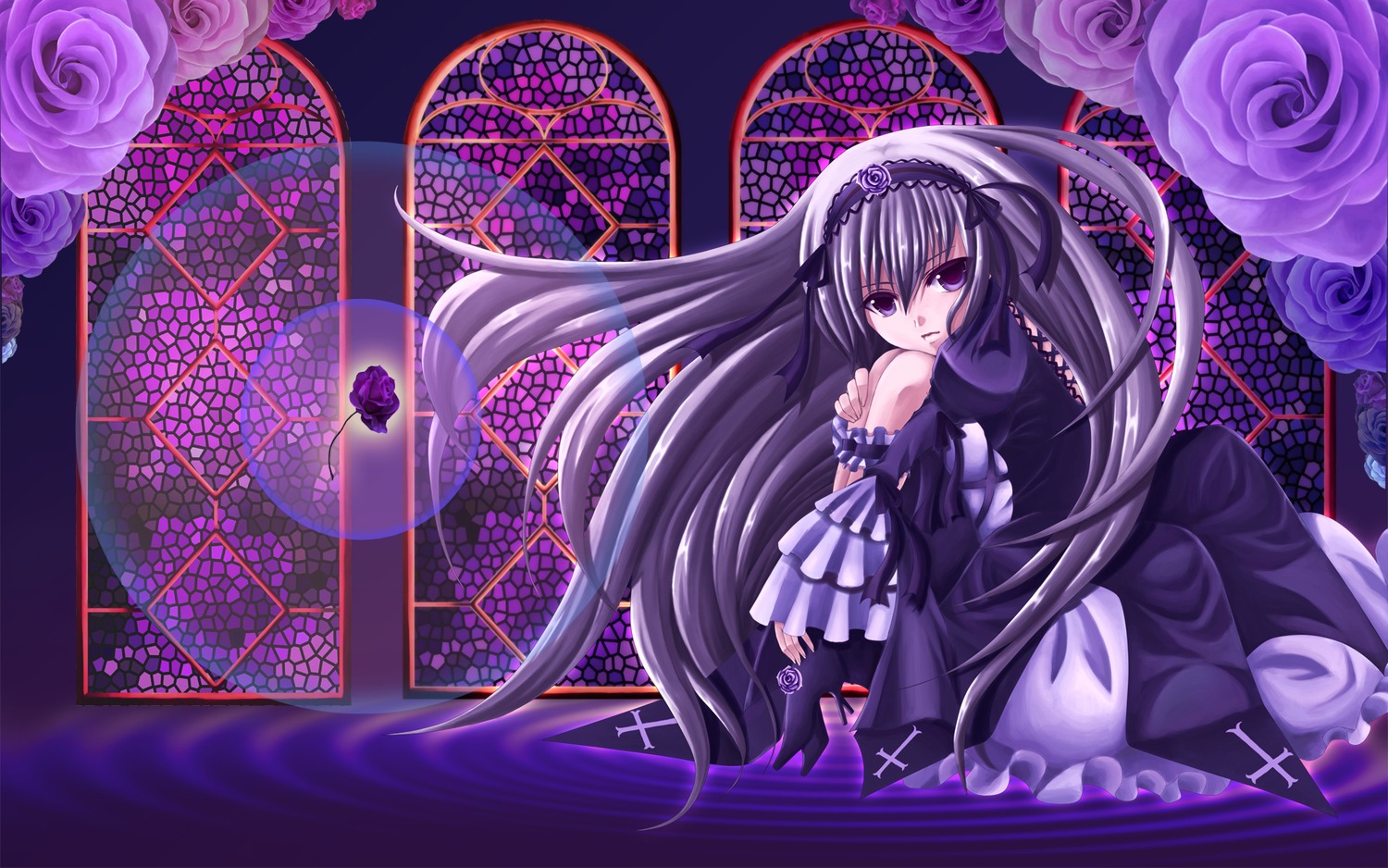 1girl auto_tagged black_flower black_rose blue_flower blue_rose dress flower frills gloves hairband image lolita_fashion long_hair pink_rose purple_eyes purple_flower purple_rose purple_theme rose solo suigintou white_rose