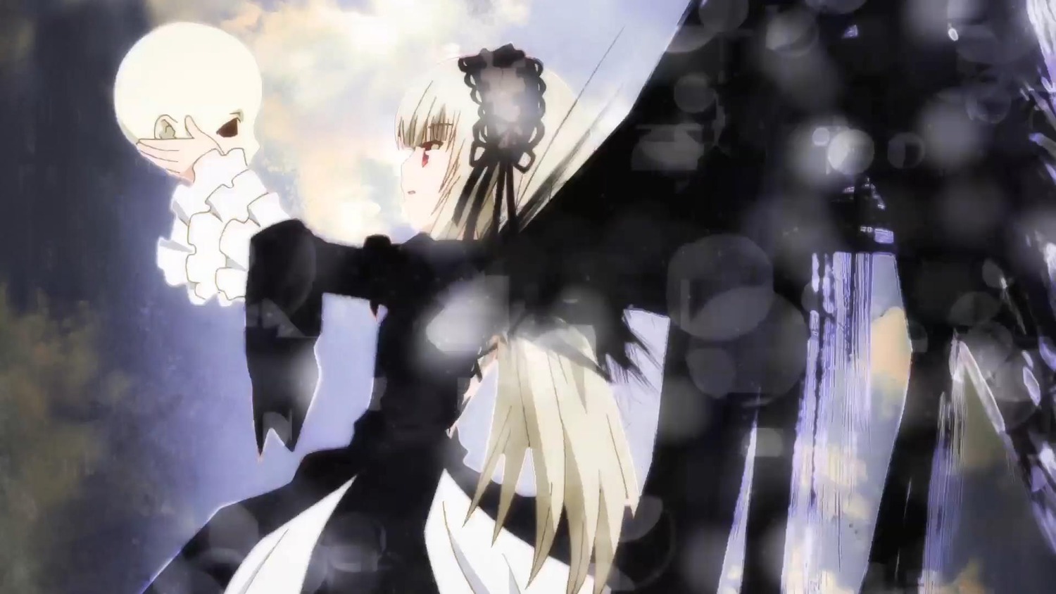 1girl black_ribbon black_wings blonde_hair dress dutch_angle frills hairband image long_hair long_sleeves outdoors red_eyes ribbon silver_hair solo suigintou very_long_hair wings