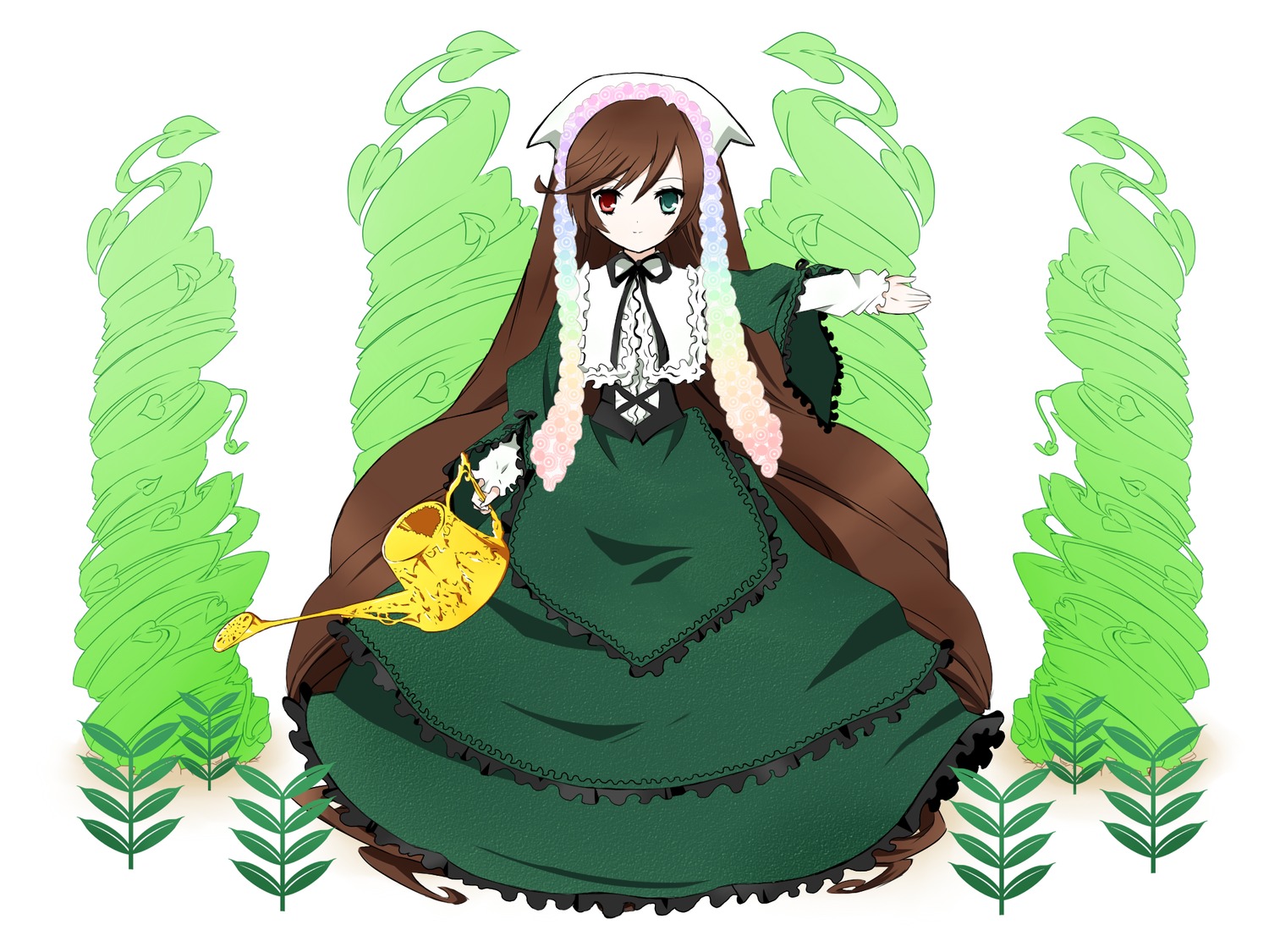 1girl brown_hair dress drill_hair flower frills full_body green_dress green_eyes heterochromia image long_hair long_sleeves looking_at_viewer plant red_eyes solo suiseiseki twintails very_long_hair vines watering_can