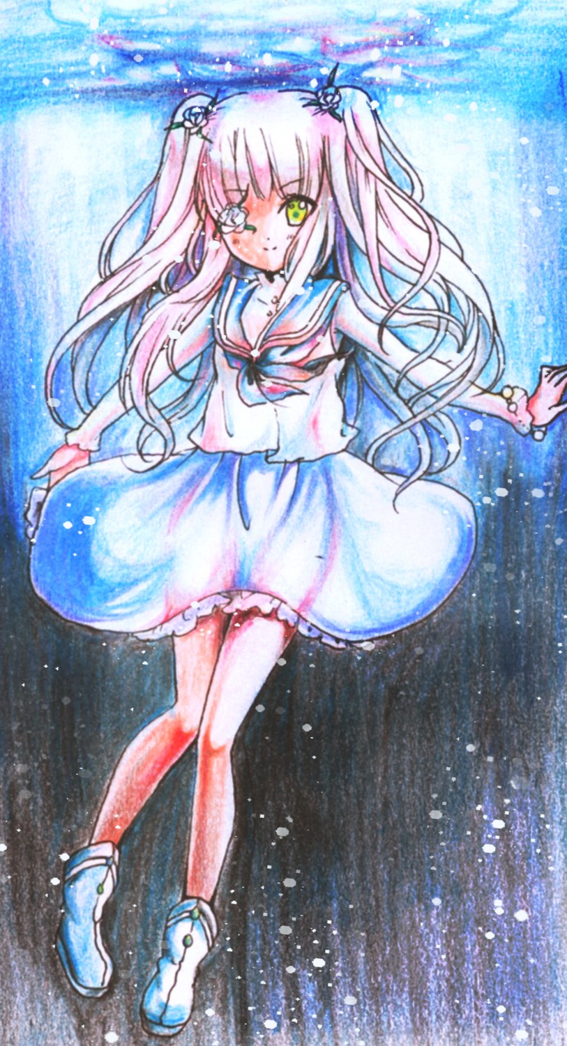 1girl hair_ornament image kirakishou long_hair one_eye_closed pink_hair solo traditional_media underwater watercolor_(medium) yellow_eyes