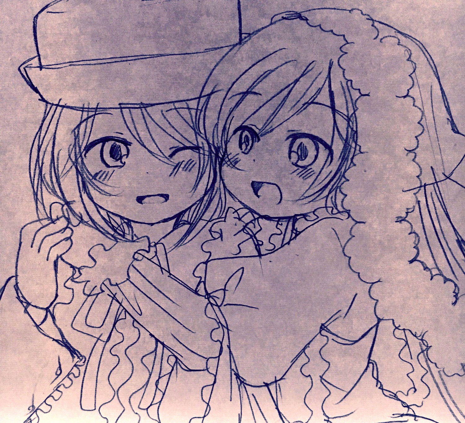 2girls blush dress hoshizora_rin image koizumi_hanayo monochrome multiple_girls one_eye_closed open_mouth pair short_hair smile souseiseki suiseiseki traditional_media