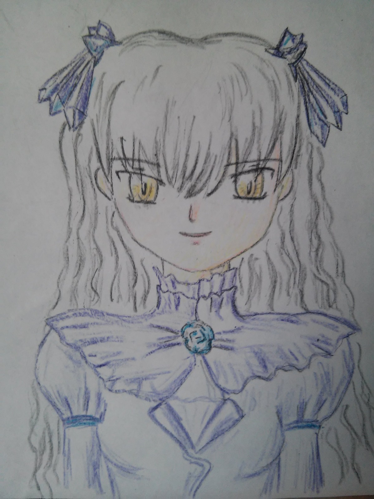 1girl bangs barasuishou bow brooch closed_mouth eyebrows_visible_through_hair frills image long_hair looking_at_viewer ribbon simple_background smile solo traditional_media upper_body yellow_eyes