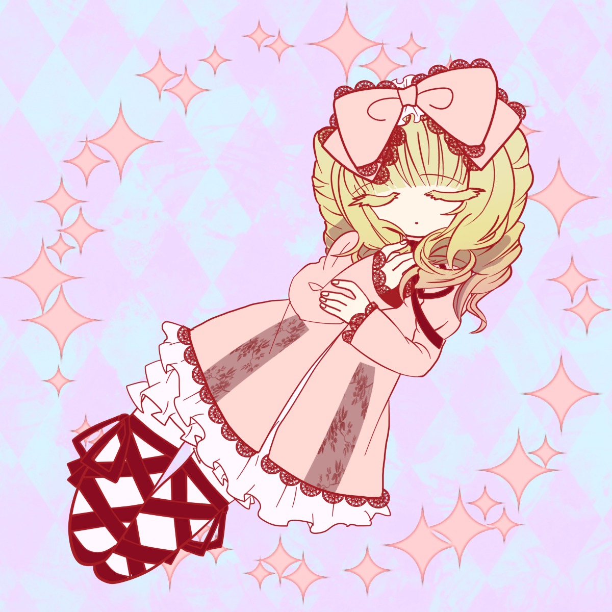 1girl argyle blonde_hair blue_background bow checkered closed_eyes diffraction_spikes dress glint hair_bow hina_ichigo hinaichigo image pink_dress rain solo sparkle sparkle_background