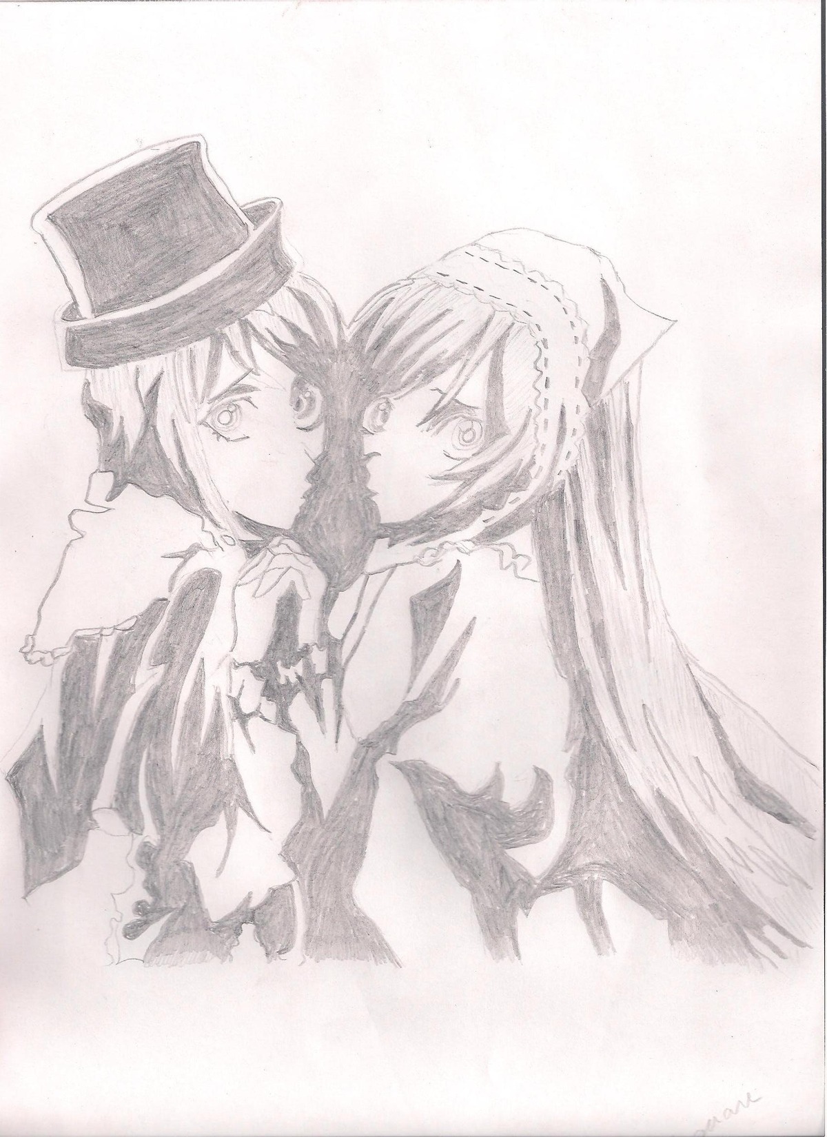 2girls hat image long_hair monochrome multiple_girls pair souseiseki suiseiseki traditional_media yuri