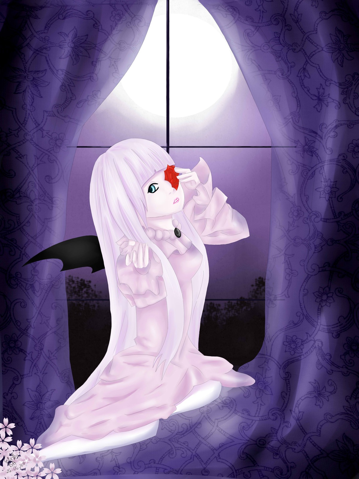 1girl barasuishou blue_eyes curtains dress flower image lace long_hair moon pale_skin sitting solo white_hair window wings