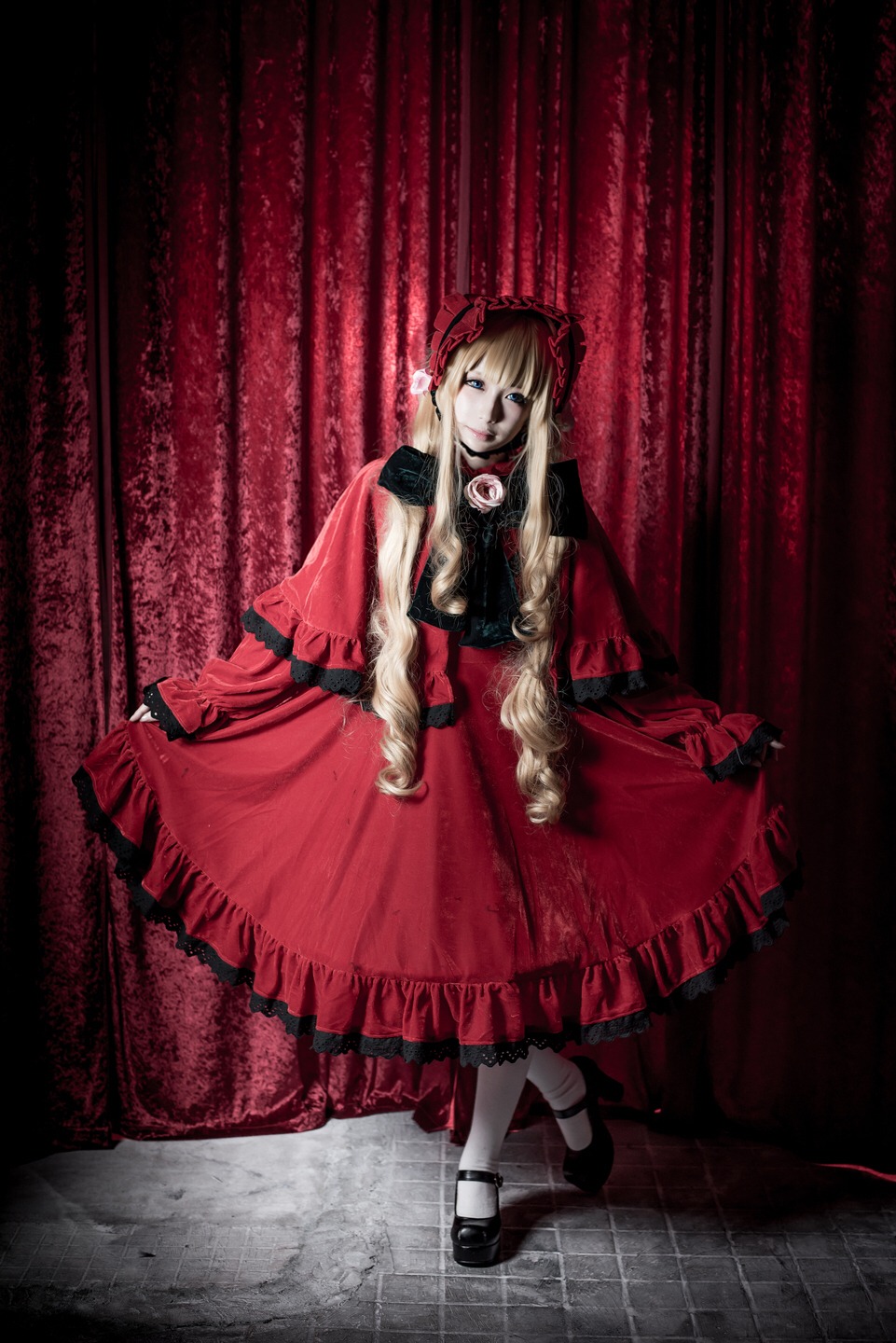 1girl blonde_hair blue_eyes curtains dress long_hair long_sleeves red_dress shinku shoes solo