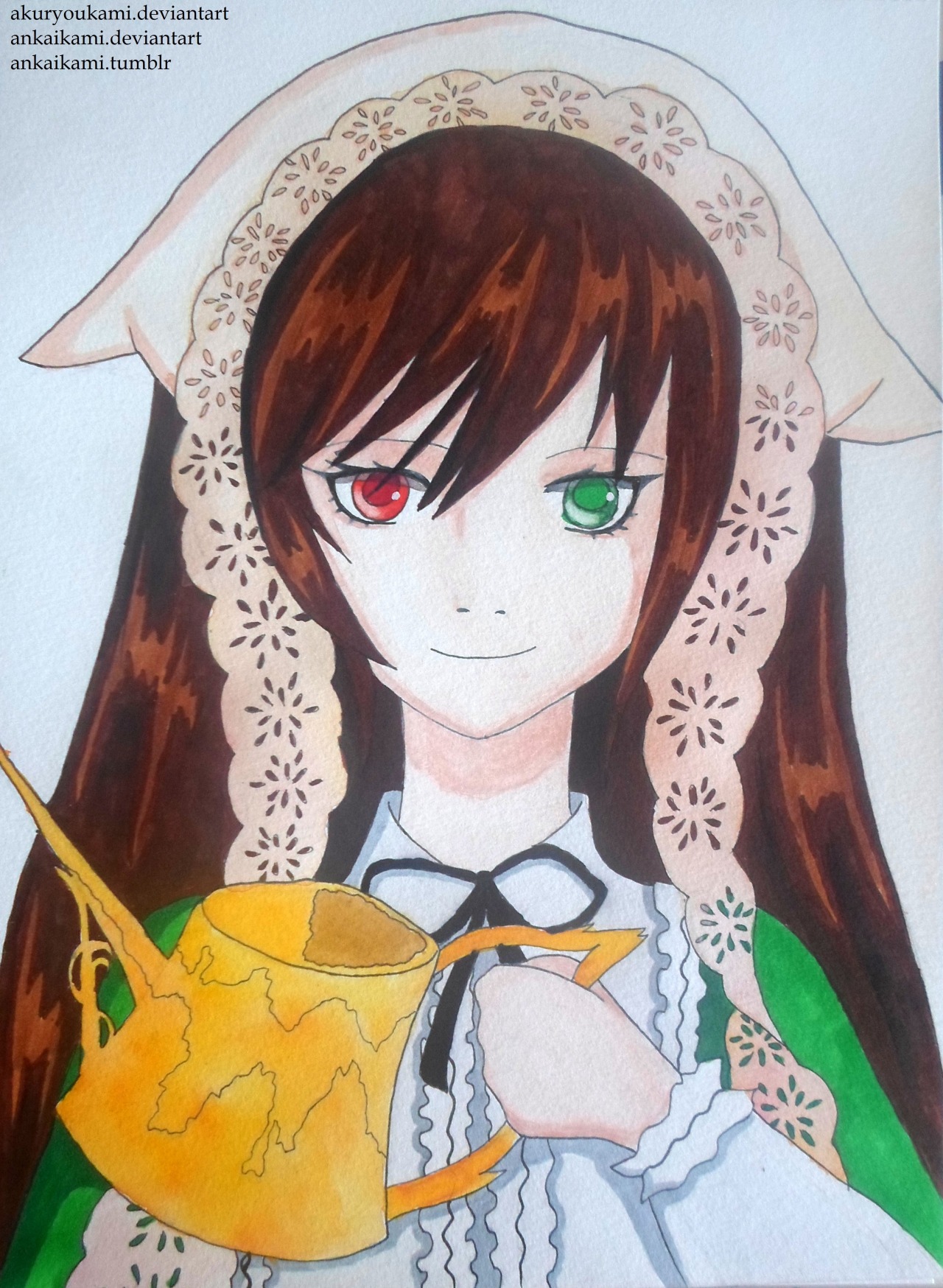 1girl brown_hair closed_mouth cup dress frills green_dress green_eyes head_scarf heterochromia holding image long_hair long_sleeves looking_at_viewer red_eyes smile solo suiseiseki