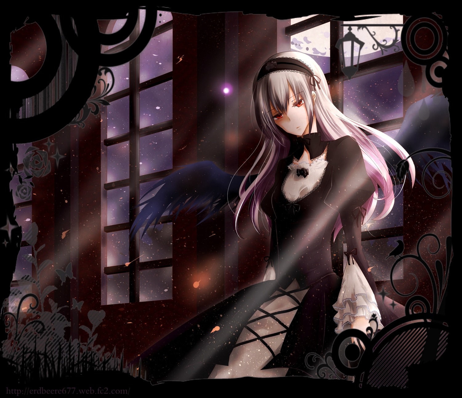 1girl black_dress black_wings cross dress feathers flower frills hairband image juliet_sleeves letterboxed long_hair long_sleeves looking_at_viewer red_eyes rose silver_hair solo suigintou window wings