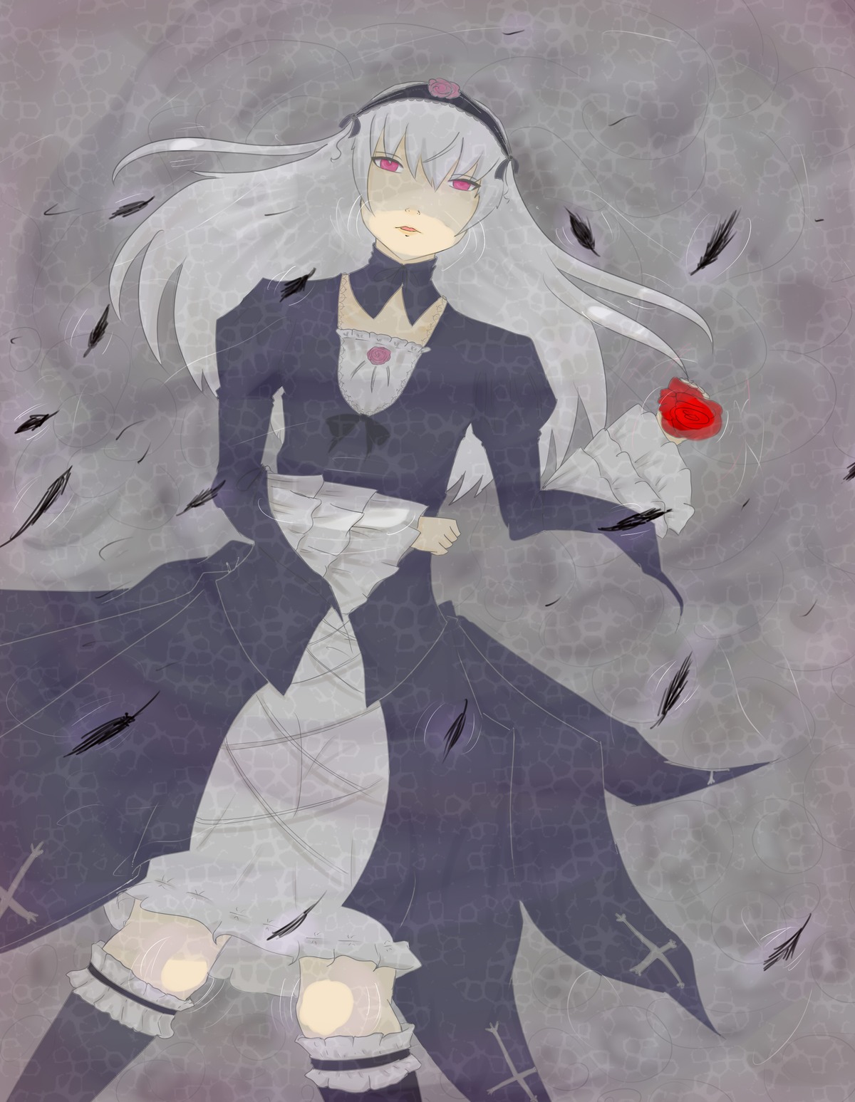 1girl black_wings choker dress feathers flower frills hairband image long_hair pink_eyes rose silver_hair solo suigintou wings