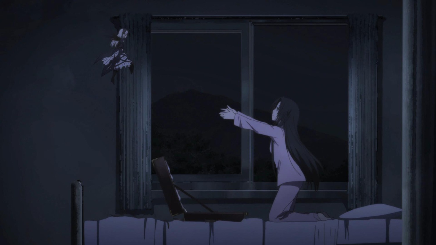 1girl akemi_homura black_hair curtains dark image indoors long_hair night shadow solo suigintou window