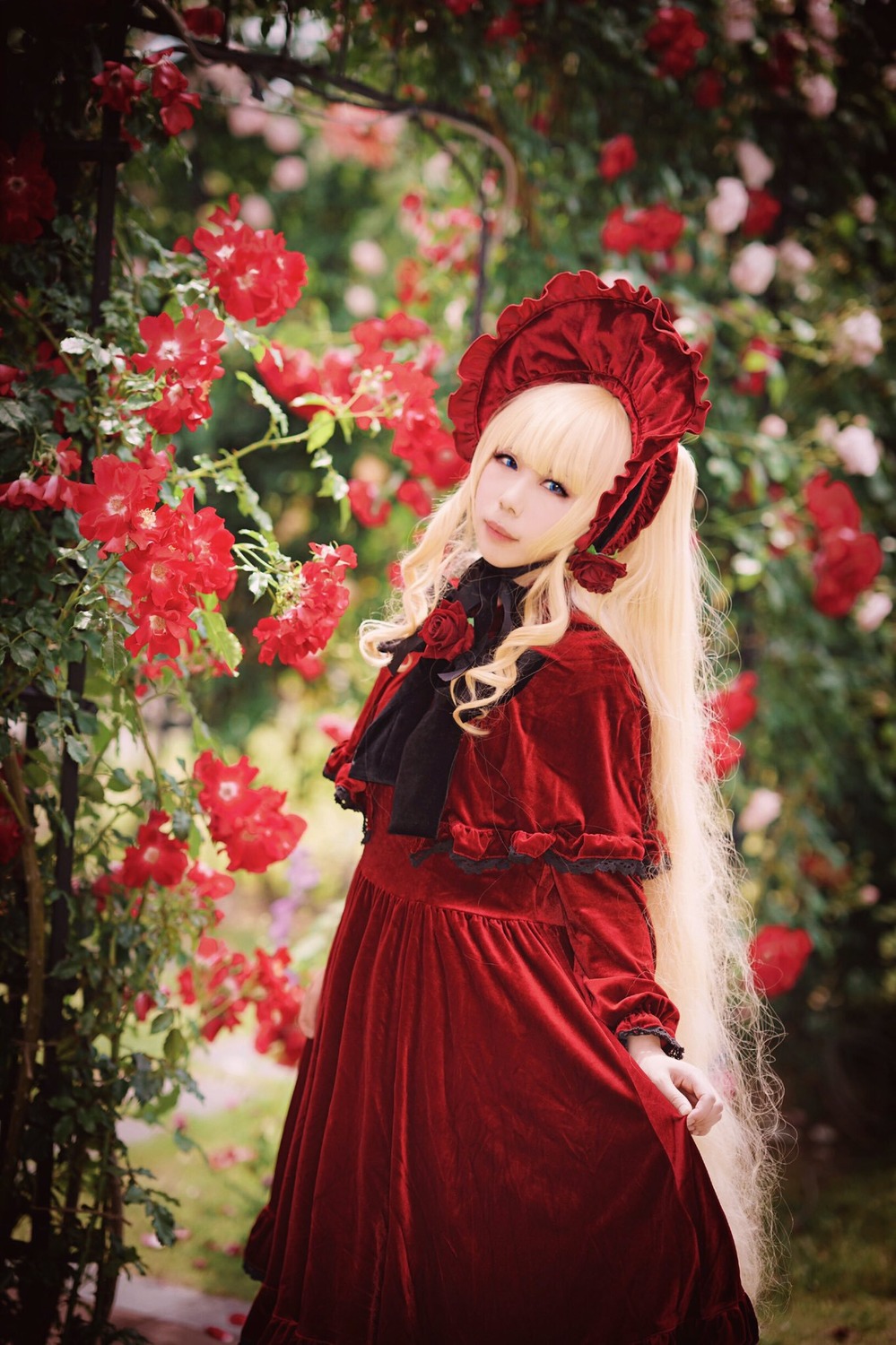 1girl bangs blonde_hair blue_eyes blurry blurry_background bonnet capelet depth_of_field dress flower long_hair long_sleeves looking_at_viewer red_capelet red_dress red_flower red_rose rose shinku solo standing