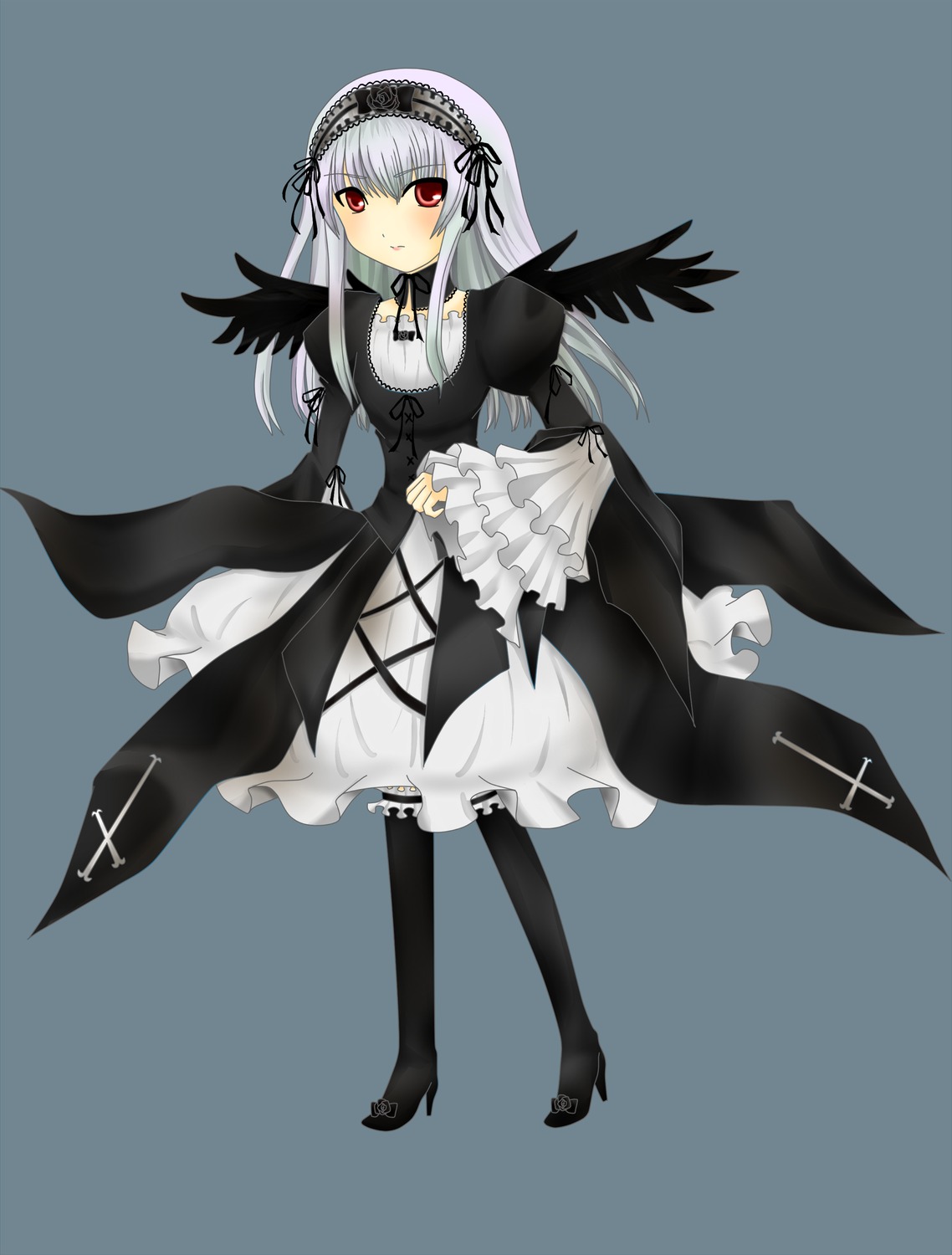 1girl black_dress black_footwear black_wings boots dress feathers flower frills full_body hairband high_heel_boots high_heels image juliet_sleeves long_hair long_sleeves looking_at_viewer red_eyes ribbon rose silver_hair simple_background solo suigintou wings