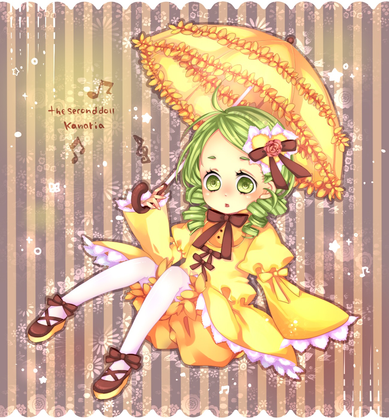 1girl blush bow dress drill_hair flower frills full_body green_eyes green_hair hair_ornament image kanaria long_sleeves pantyhose parasol ribbon sitting solo striped striped_background twin_drills umbrella vertical_stripes white_legwear