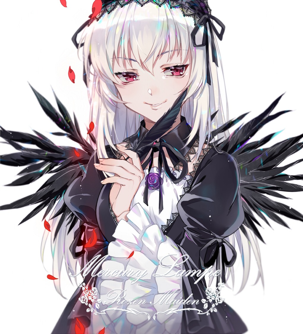 1girl bangs black_dress black_wings closed_mouth commentary_request copyright_name dress ekita_kuro eyebrows_visible_through_hair feathers flower frilled_sleeves frills hair_between_eyes hairband half-closed_eyes hand_up headdress holding holding_feather image juliet_sleeves long_hair long_sleeves looking_at_viewer parted_lips petals puffy_sleeves red_eyes rose rozen_maiden silver_hair simple_background smile solo suigintou tsurime upper_body white_background wide_sleeves wings
