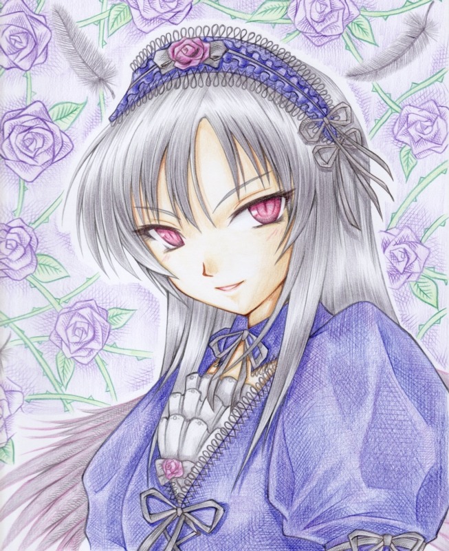 1girl black_rose blue_flower blue_rose flower image long_hair looking_at_viewer pink_eyes pink_flower pink_rose purple_flower purple_rose red_flower red_rose ribbon rose rose_petals shikishi silver_hair smile solo suigintou thorns traditional_media upper_body white_rose yellow_flower yellow_rose