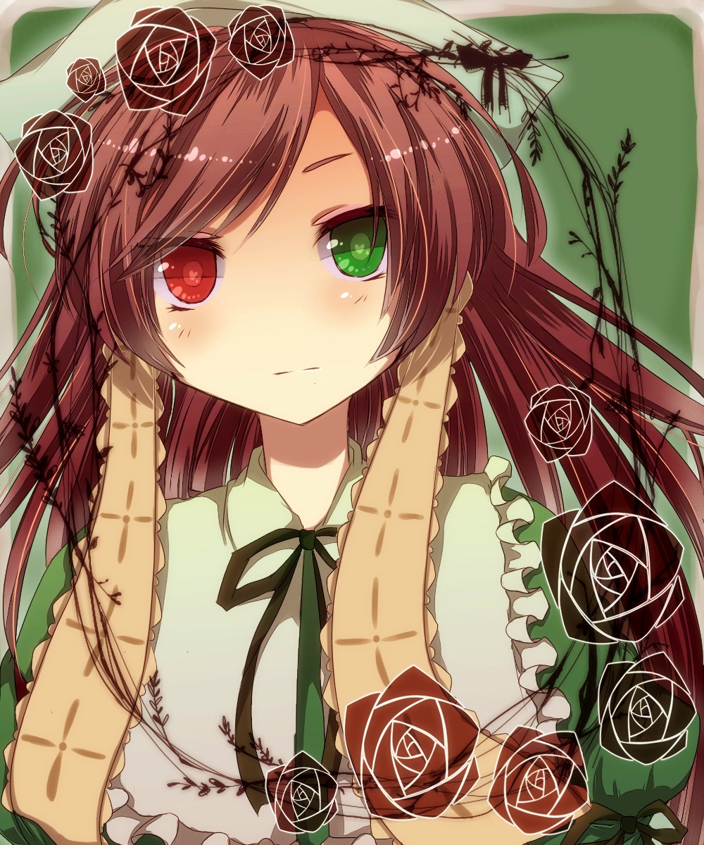 1girl :| bad_id bad_pixiv_id black_flower black_rose blue_rose blush bow braid brown_flower brown_hair brown_rose closed_mouth dress face flower frills green_eyes hairband heart heterochromia highres image kuromugi long_hair pink_flower pink_rose purple_rose red_eyes red_flower red_rose ribbon rose rose_petals rozen_maiden solo suiseiseki symbol-shaped_pupils thorns vines white_flower white_rose yellow_rose