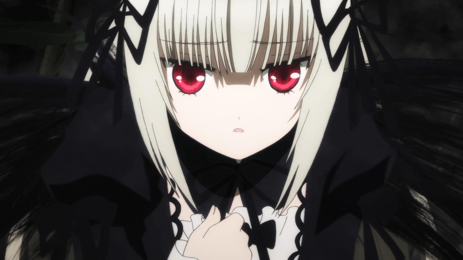 1girl bangs black_ribbon dress eyebrows_visible_through_hair hair_ribbon image long_hair long_sleeves looking_at_viewer parted_lips red_eyes ribbon silver_hair solo suigintou