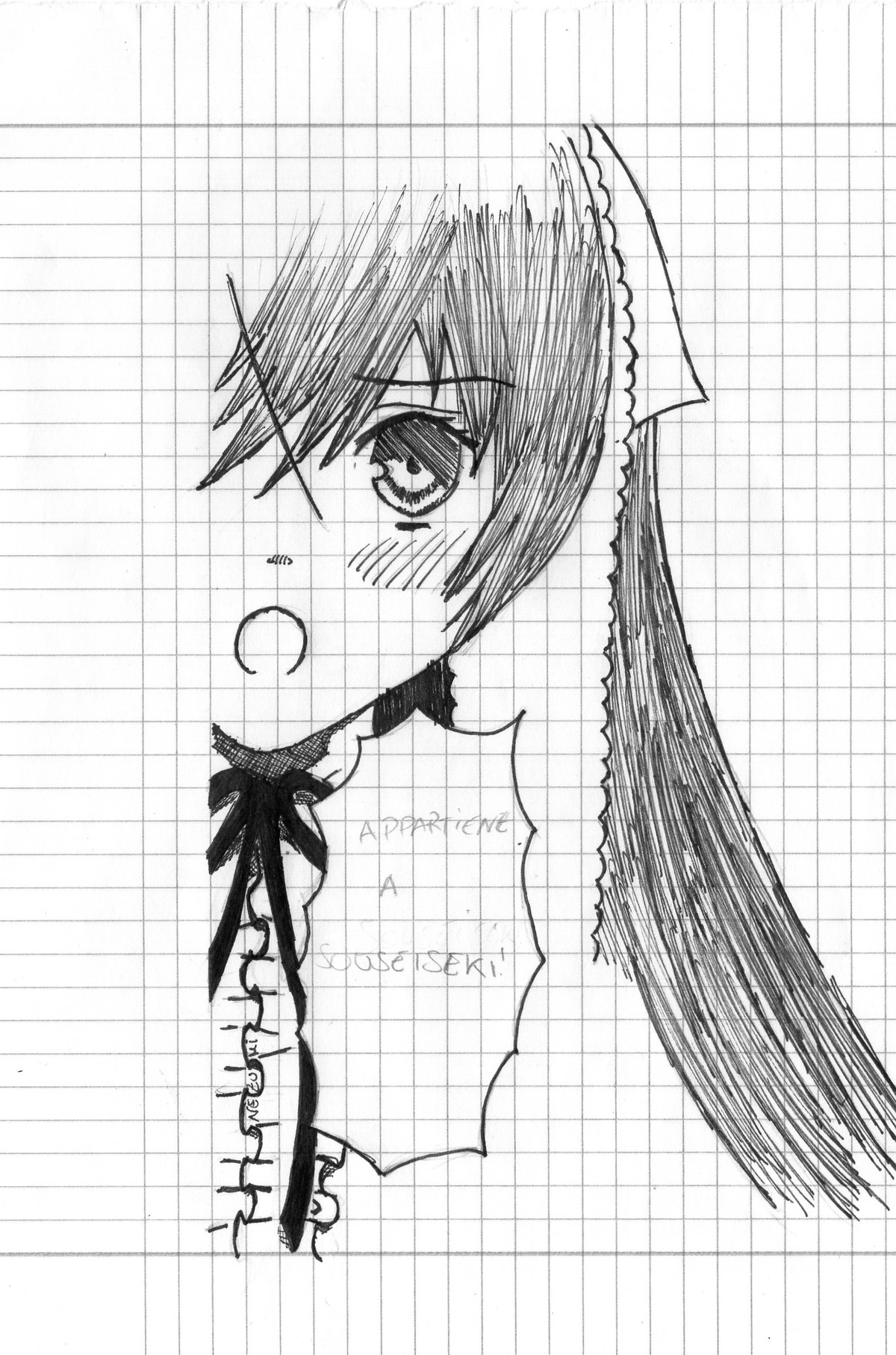 1girl chain-link_fence checkered_background fence fishnets greyscale halftone honeycomb_(pattern) honeycomb_background image long_hair looking_at_viewer maid maid_headdress monochrome plaid_background solo suiseiseki tile_wall tiles twintails