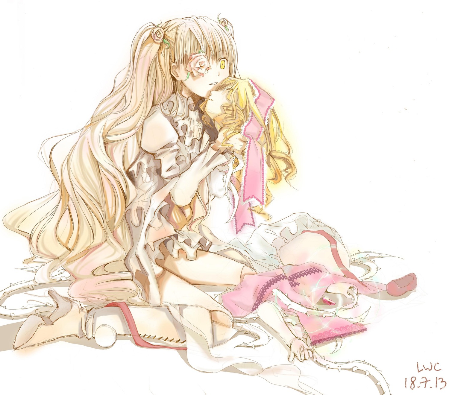 2girls blonde_hair boots broken closed_eyes commentary_request cross-laced_footwear dated doll_joints dress eyepatch flower frills grin hair_flower hair_ornament head high_heels highres hina_ichigo hinaichigo iamwclaw image joints kirakishou long_hair mary_janes multiple_girls photoshop_(medium) pink_hair puffy_sleeves rose rozen_maiden shoes siblings sisters sketch smile solo thorns twins very_long_hair white_background yellow_eyes