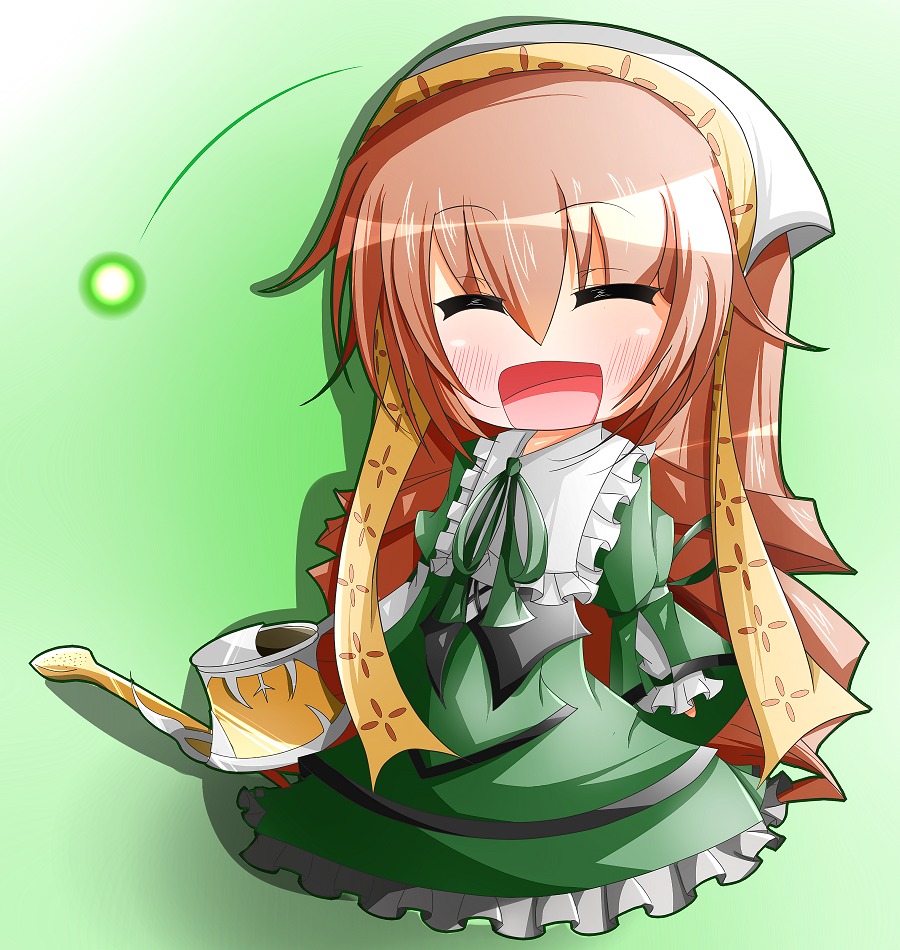 1girl blush brown_hair chibi closed_eyes dress green_background image long_hair long_sleeves open_mouth pink_hair smile solo suiseiseki