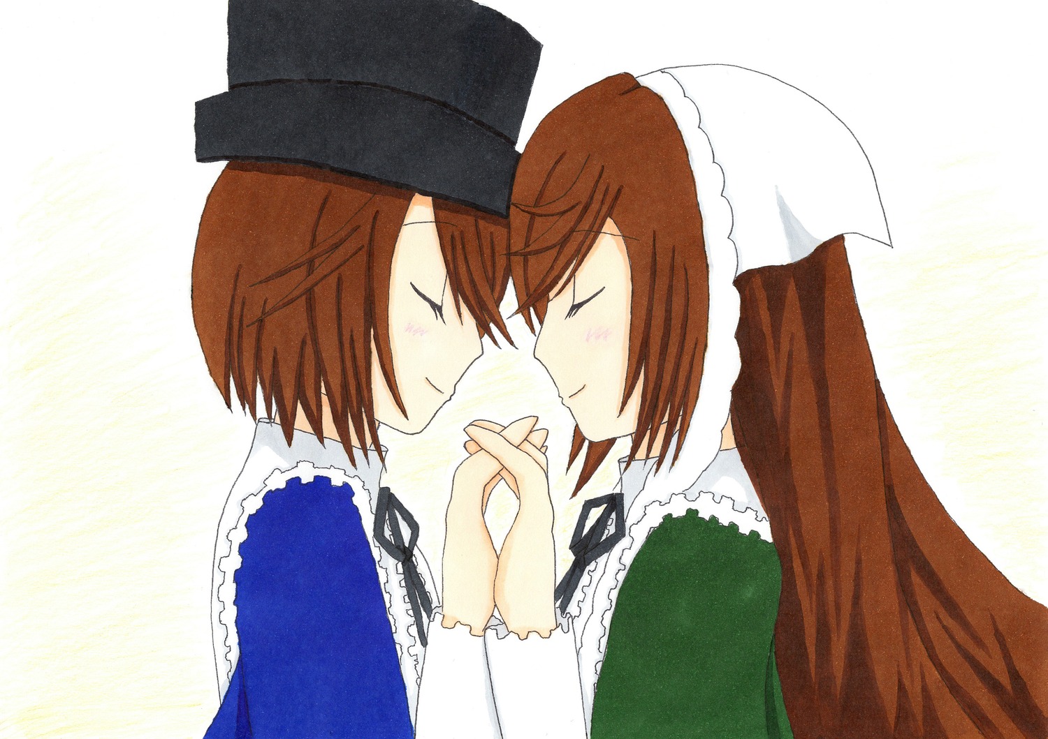 2girls brown_hair closed_eyes dress frills hat head_scarf holding_hands image incest long_hair long_sleeves multiple_girls pair profile short_hair siblings sisters smile souseiseki suiseiseki twins