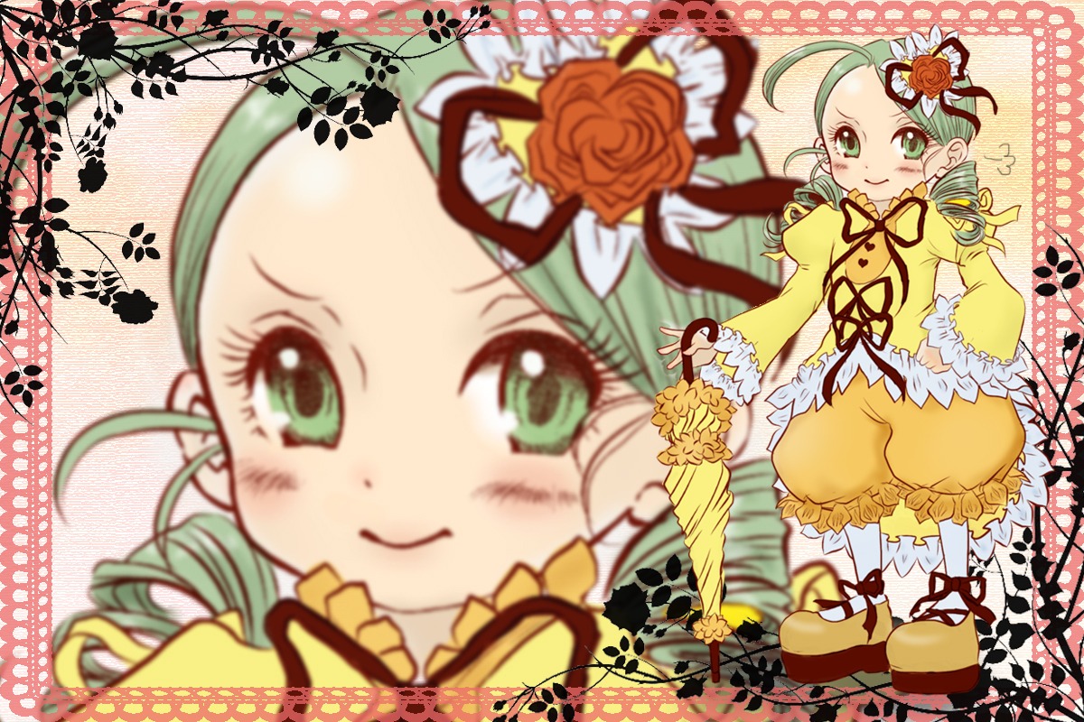 1girl bloomers blurry blush depth_of_field drill_hair flower frills full_body green_eyes green_hair image kanaria ribbon rose smile solo standing twin_drills zoom_layer