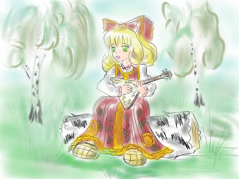 1girl blonde_hair bow dress green_eyes hair_bow hina_ichigo hinaichigo image instrument long_sleeves music open_mouth playing_instrument short_hair sitting smile solo