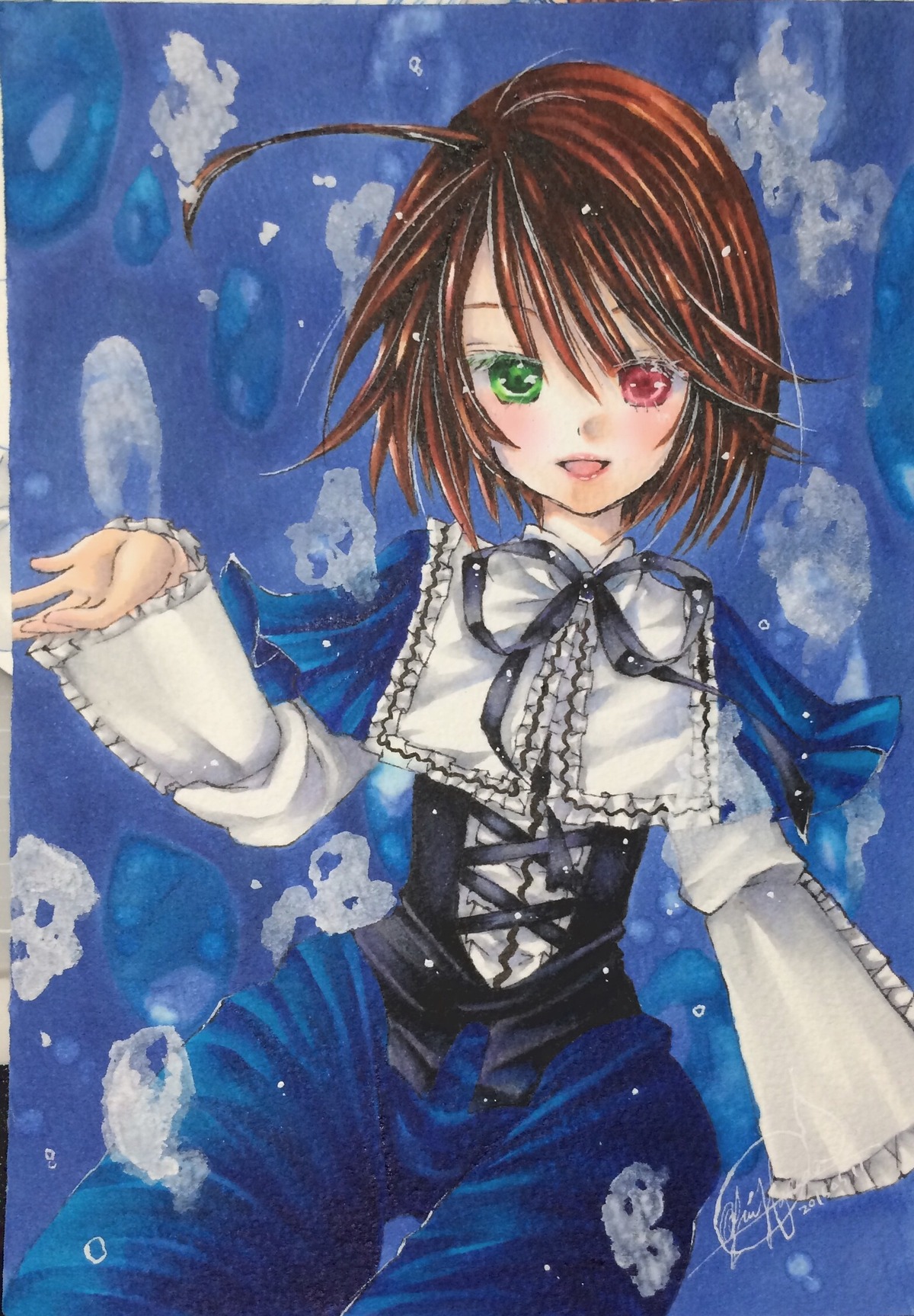 1girl brown_hair frills green_eyes heterochromia image long_sleeves looking_at_viewer marker_(medium) millipen_(medium) open_mouth pastel_(medium) red_eyes short_hair signature smile solo souseiseki traditional_media watercolor_(medium) yumeki_kokoro