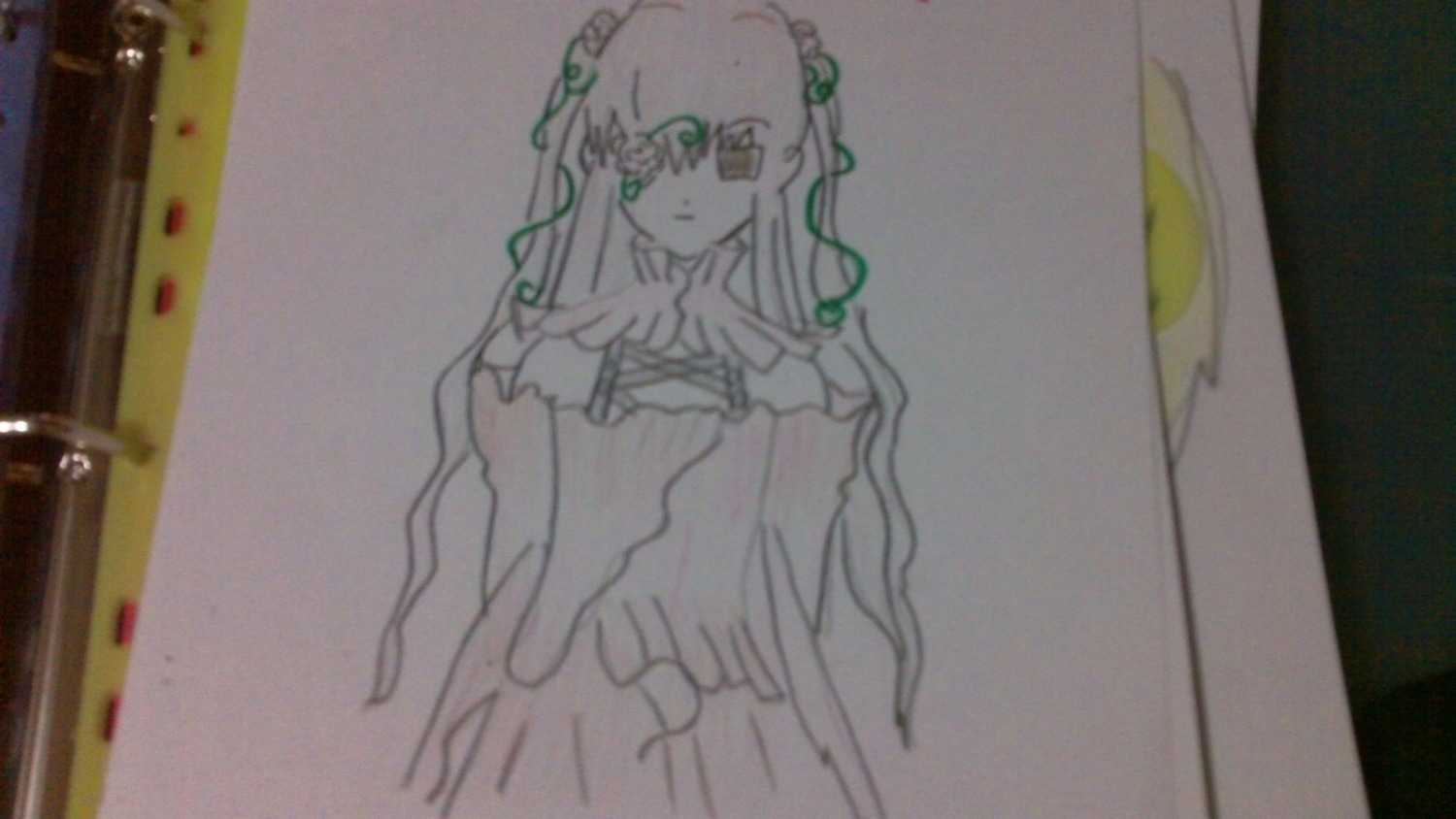 1girl blurry frog_hair_ornament green_eyes hair_ornament image kirakishou kochiya_sanae long_hair looking_at_viewer photo solo
