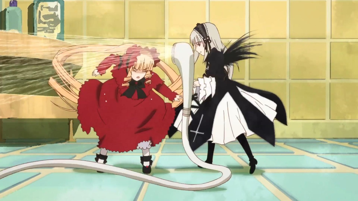 2girls blonde_hair closed_eyes dress image long_hair long_sleeves multiple_girls outdoors pair red_dress shinku silver_hair sleeping suigintou twintails very_long_hair wings
