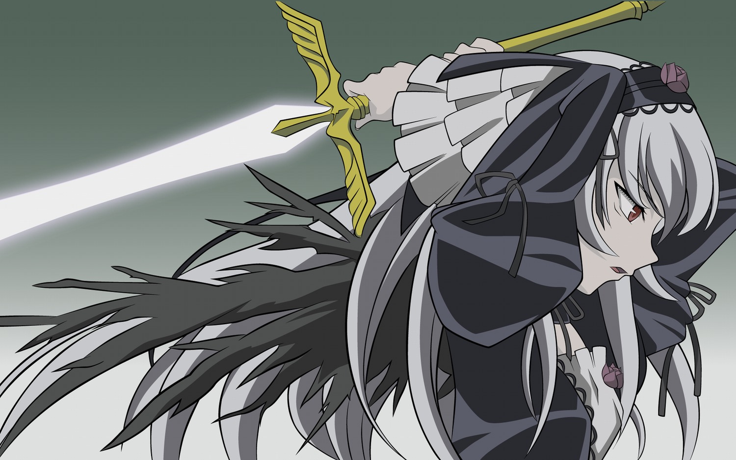 1girl bangs black_dress black_wings dress frills grey_background highres holding holding_weapon image long_hair long_sleeves profile red_eyes ribbon rozen_maiden silver_hair solo suigintou sword upper_body vector_trace very_long_hair weapon wings
