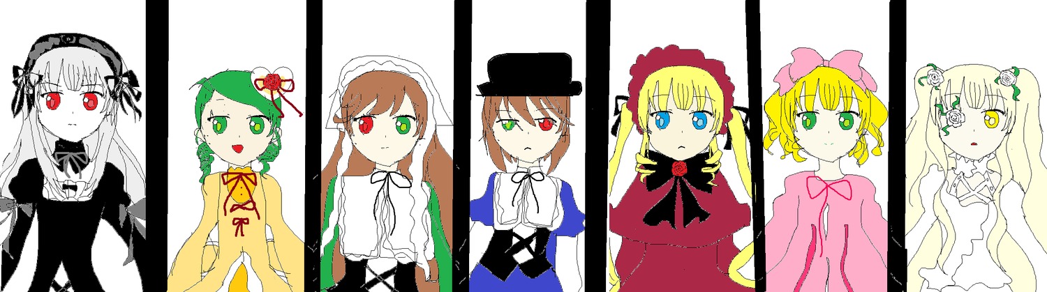 6+girls blonde_hair blue_eyes bonnet bow brown_hair dress green_eyes green_hair hairband heterochromia hina_ichigo image kanaria long_hair looking_at_viewer multiple multiple_girls pink_bow red_eyes shinku short_hair siblings sisters smile souseiseki suigintou suiseiseki tagme twintails