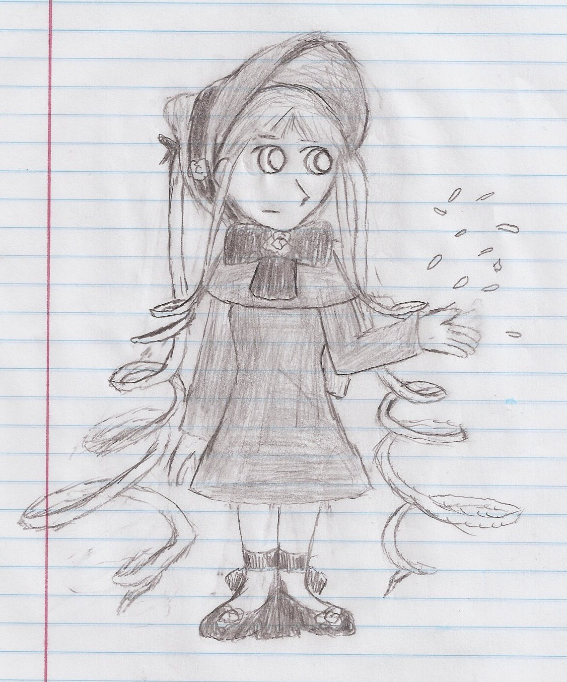 1girl dress hat image long_hair long_sleeves monochrome rain shinku solo standing traditional_media