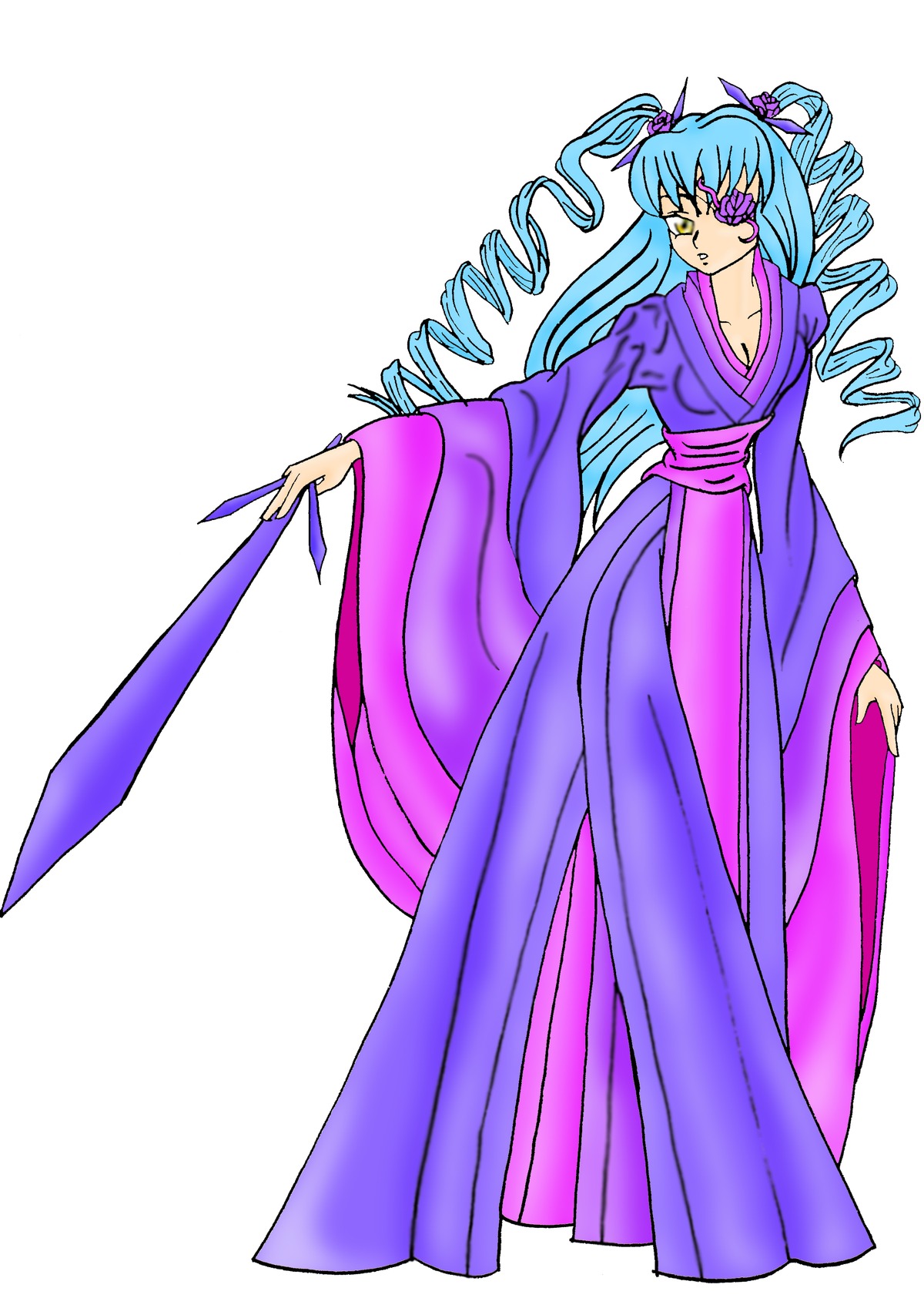 1girl barasuishou blue_hair breasts cleavage drill_hair full_body image japanese_clothes kimono long_hair medium_breasts solo standing yellow_eyes