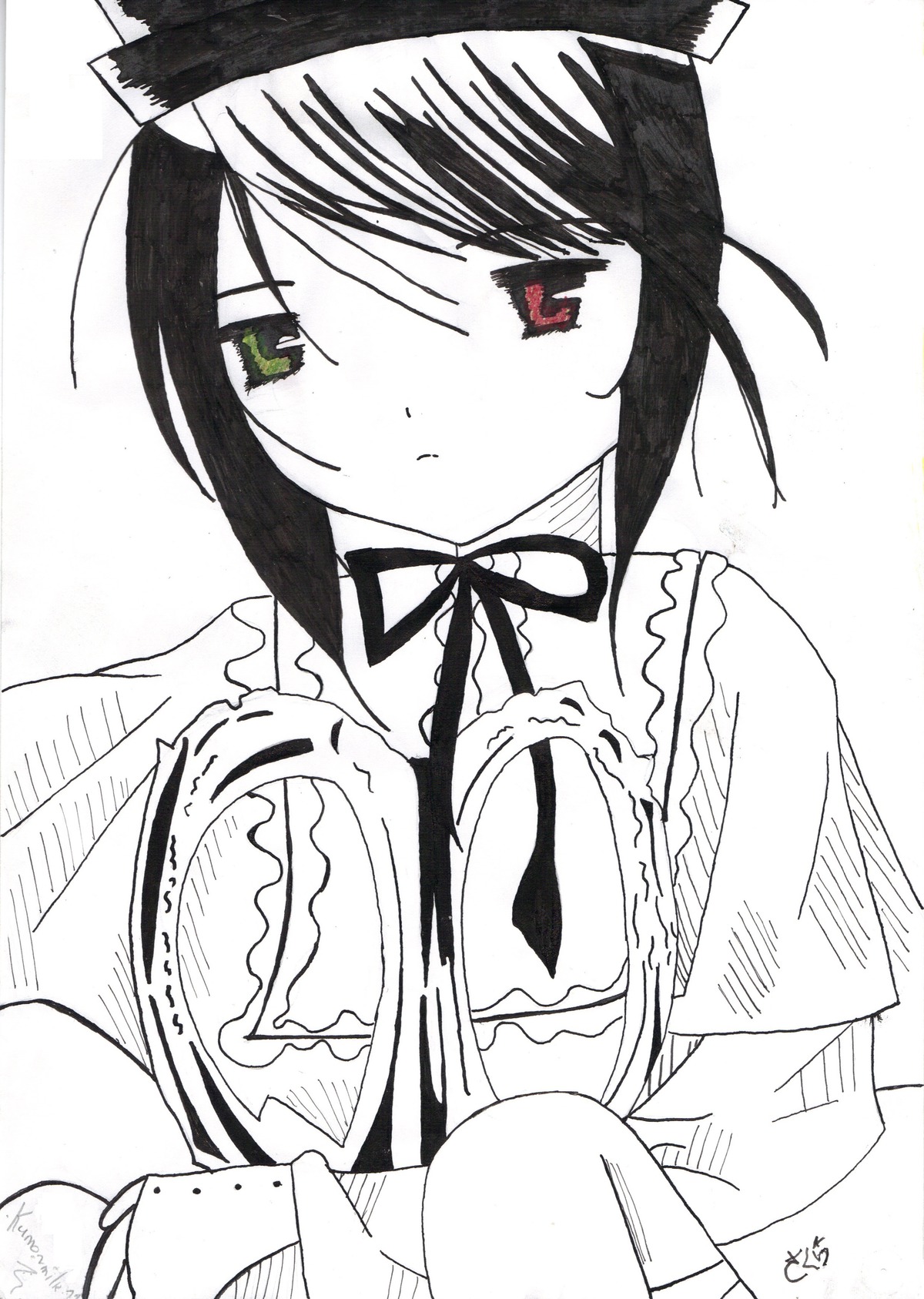 1girl blush breasts greyscale image looking_at_viewer monochrome neck_ribbon ribbon sidelocks signature solo souseiseki upper_body