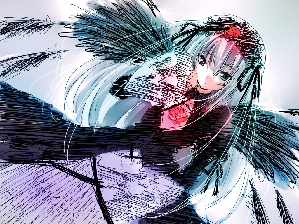 1girl bangs black_dress black_ribbon black_wings commentary_request dress feathered_wings feathers flower frills gothic hairband image lolita_hairband long_hair long_sleeves looking_at_viewer ribbon rose rozen_maiden silver_hair sketch solo suigintou takase_muh very_long_hair wings