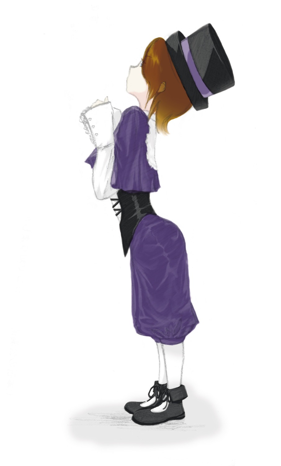 1girl black_footwear bow brown_hair full_body hat hat_ribbon image long_sleeves pantyhose purple_dress shoes short_hair socks solo souseiseki standing striped top_hat vertical_stripes white_legwear