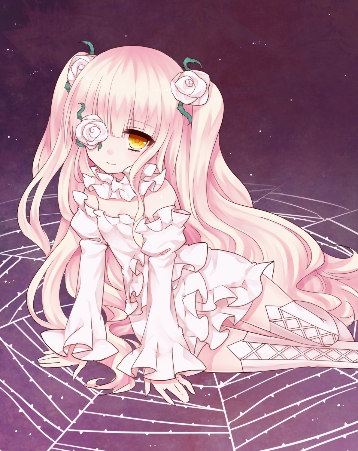 1girl absurdres bad_id bad_pixiv_id boots detached_sleeves dress eve_(elsword) eyepatch flower frilled_dress frills hair_flower hair_ornament highres image kirakishou long_hair looking_at_viewer pink_hair rose rozen_maiden sitting smile solo thigh_boots thighhighs thorns tsukikage_nemu two_side_up very_long_hair white_dress white_flower white_legwear white_rose yellow_eyes zettai_ryouiki
