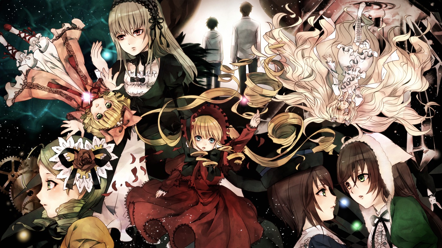 2boys 6+girls blonde_hair blue_eyes bonnet bow brown_hair clockwork commentary_request dress drill_hair dual_persona frills from_above green_eyes green_hair grey_hair hairband hat heterochromia hina_ichigo image kanaria kirakishou long_hair looking_at_another looking_up multiple multiple_boys multiple_girls pink_bow ribbon rozen_maiden sakurada_jun sakuyu shinku short_hair siblings silver_hair souseiseki suigintou suiseiseki tagme twintails very_long_hair wavy_hair